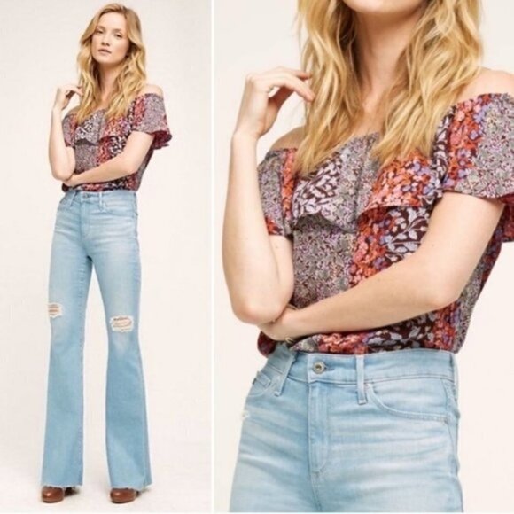 Anthropologie Maeve Vallita Red & Purple Floral OffShoulder Short Sleeve Top M - Picture 1 of 11